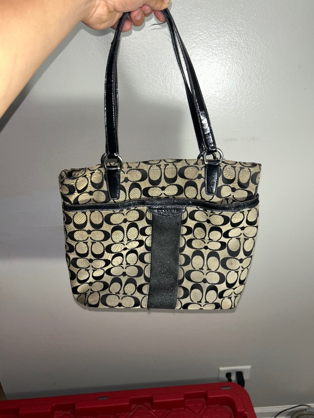 Coach F28504 MEDIUM Black/Gray Patent Leather & Signature C Canvas Tote Bag